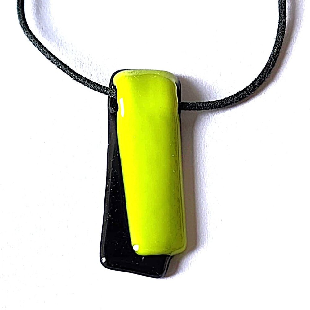 Fused glass pendant necklace - black & lime green